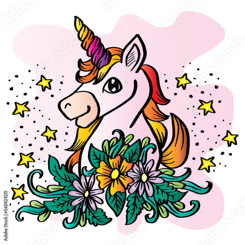 Cute cartoon unicorn with floral decoration.