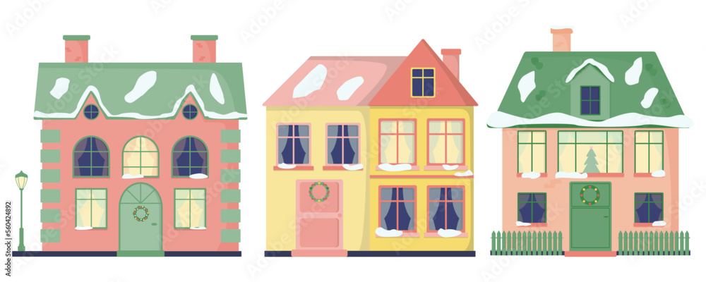  set of houses with windows, tiles, chimneys. Street lamp. Fence. Color flat vector illustration isolated on a white background.