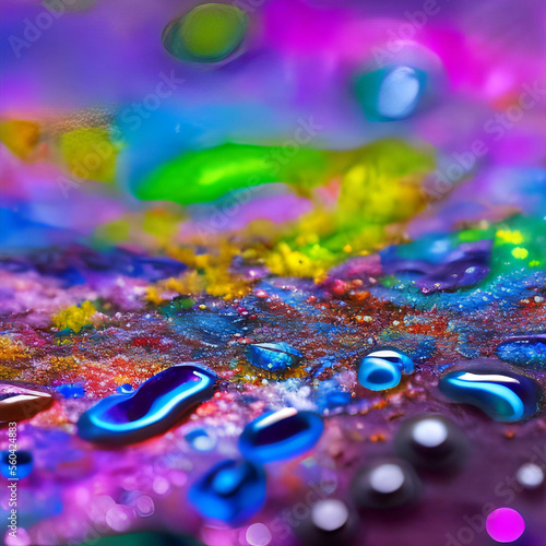 Abstract colorful liquid water paint with droplets