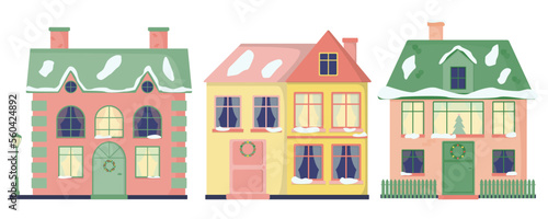  set of houses with windows  tiles  chimneys. Street lamp. Fence. Color flat vector illustration isolated on a white background.