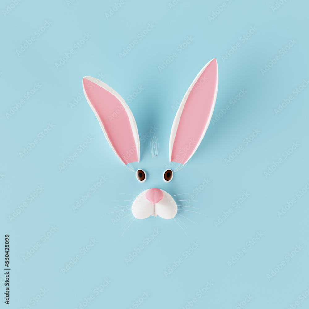 Happy Easter greeting card with white Easter Bunny face on green background. 3D render
