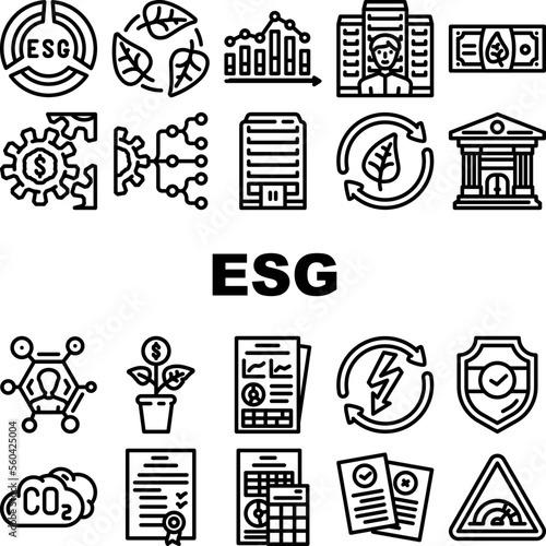 environmental social governance icons set vector. esg business, energy social, eco green, company ecology, sustainable investment environmental social governance black contour illustrations