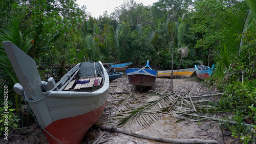 A group of fishing boats parked on the river and tropical forest, Indonesia