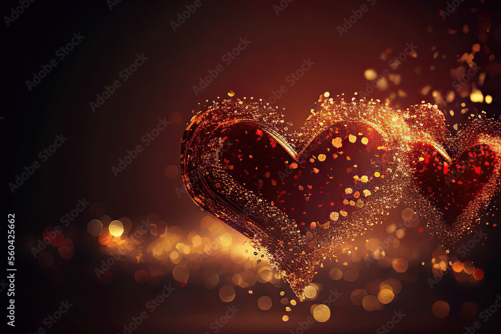 Wonderful red and golden heart of sequins, golden bokeh background, love, St. Valentine's Day, Generative AI Wonderful red and golden heart of sequins, golden bokeh background, love, St. Valentine's Day, Generative AI