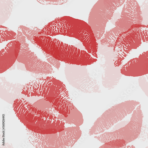 Seamless pattern red and pink lips kisses prints. Valentines day love background