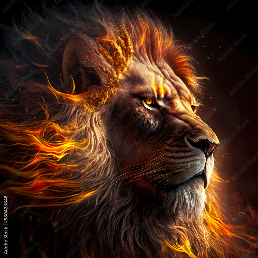 Naklejka premium Strong, brave lion with flames in his mane.