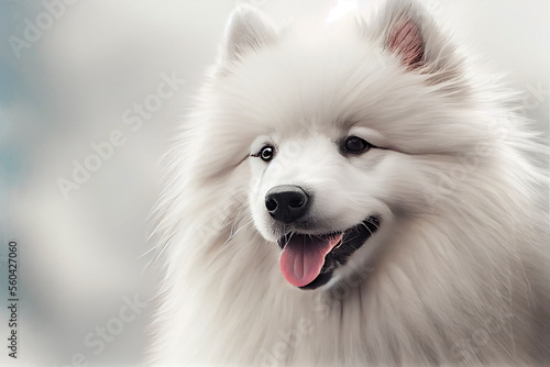 Generative AI illustration of Samoyed dog smiling on white background 