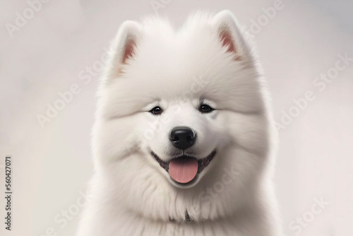 Generative AI illustration of Samoyed puppy looking towards the camera on white background
