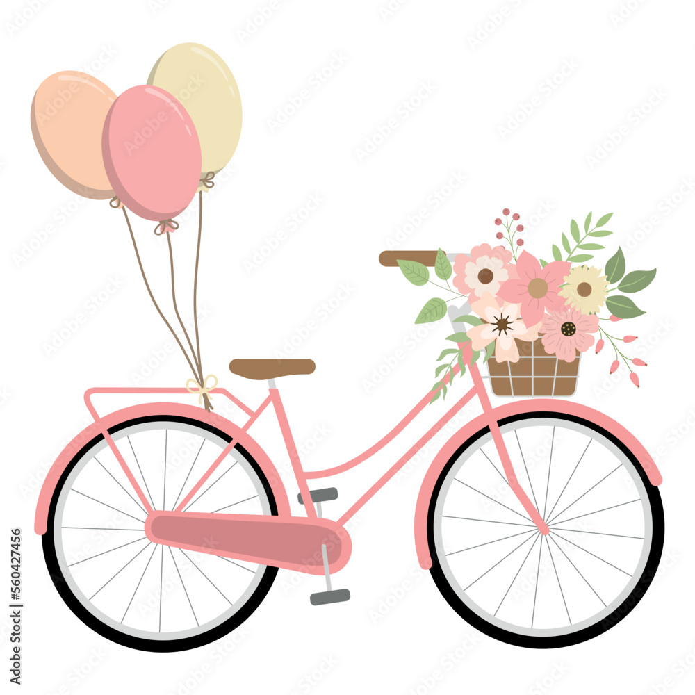 Fototapeta premium Romantic spring floral pink bike with colorful balloons. Isolated on white background. Spring retro bicycle. Vector illustration.