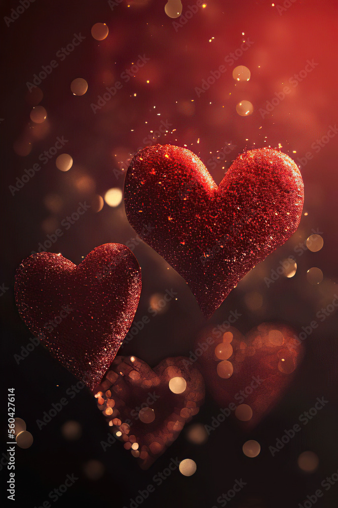 Two red glittering hearts on a red bokeh background, St. Valentine's Day, Generative AI