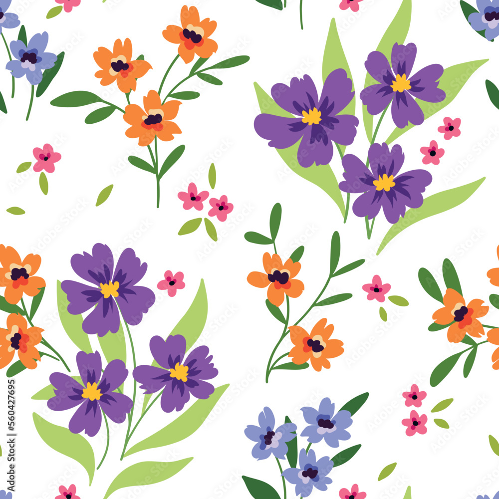 Seamless floral pattern, cute botanical design with rustic motif. Spring flower print with hand drawn wild plants: small flowers on stems, leaves on a white background. Vector ditsy illustration.