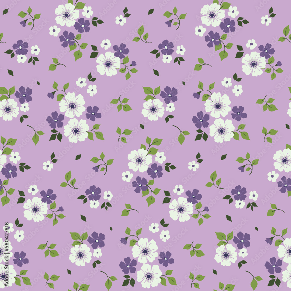 Seamless floral pattern, cute rustic style ditsy print with small flowers. Pretty liberty flower design with tiny hand drawn flowers, leaves on delicate lilac background. Vector botanical illustration