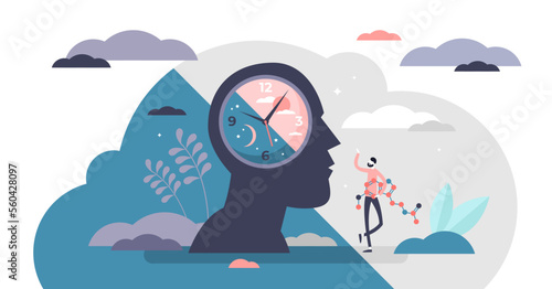 Circadian rhythm concept, tiny person illustration, transparent background. Day and night cycle scheme. Daily human body inner regulation schedule. Natural sleep-wake biological process.