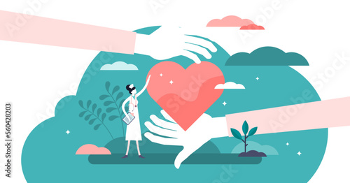 Health care illustration, transparent background. Cardiology doctors flat tiny persons concept. Symbolic heart treatment and healing with professional nurse and doctors. Organ healthcare system.