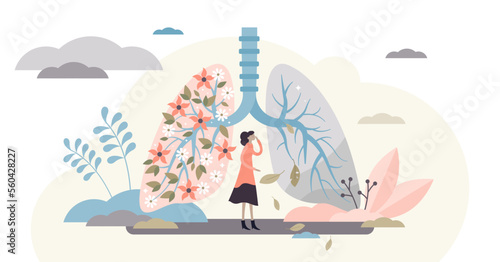Lung health illustration, transparent background. Covid-19 artistic disease visualization flat tiny persons concept. Symbolic healthy respiratory comparison with disease illness.