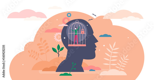 Mind prison psychological concept, flat tiny person illustration, transparent background. Head silhouette with personal mental trap as closed cage. Personal growth issue and distorted world view.