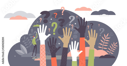 Questions concept, flat tiny person illustration with raised auditory hands, transparent background. Public crowd participants wanting to find out answers. Stylized modern conference scene.