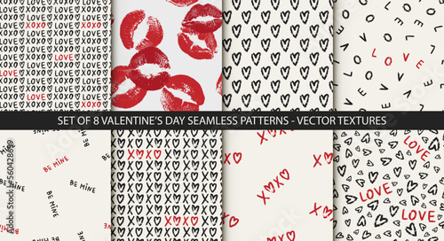 Set of 8 different seamless patterns. Romantic red backgrounds for Valentine's or wedding day. Endless texture for wallpaper, web page, wrapping paper and etc. Hand drawn love style.