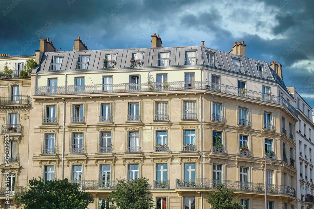 Paris, beautiful buildings in the 11e district, typical facades
