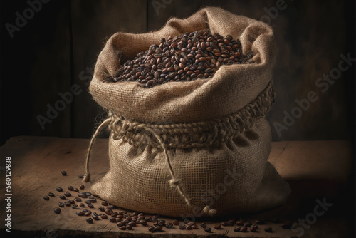 Coffee beans in a burlap sack on a wooden table - Generative AI 