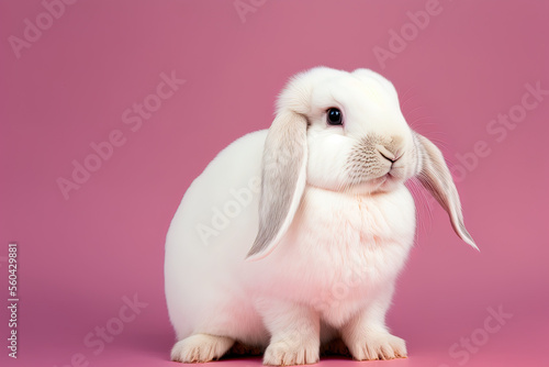 White young Holland lop rabbit standing in front of a pink background. Lovely movement by the juvenile rabbit. Generative AI