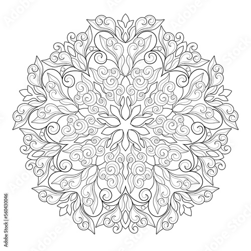 Beautiful mandala with natural and floral patterns on a white isolated background. For coloring book pages.