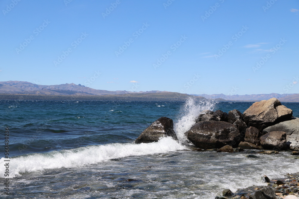 Panoramic view of Lake Nahuel Huapi on the shores of the city of Bariloche, Río Negro, Argentina. Argentine Patagonia. Patagonian lake. Touristic city. Puerto San Carlos.