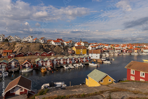 Picture postcard motif of the skyline of the cozy swedish coastal town of Smögen.