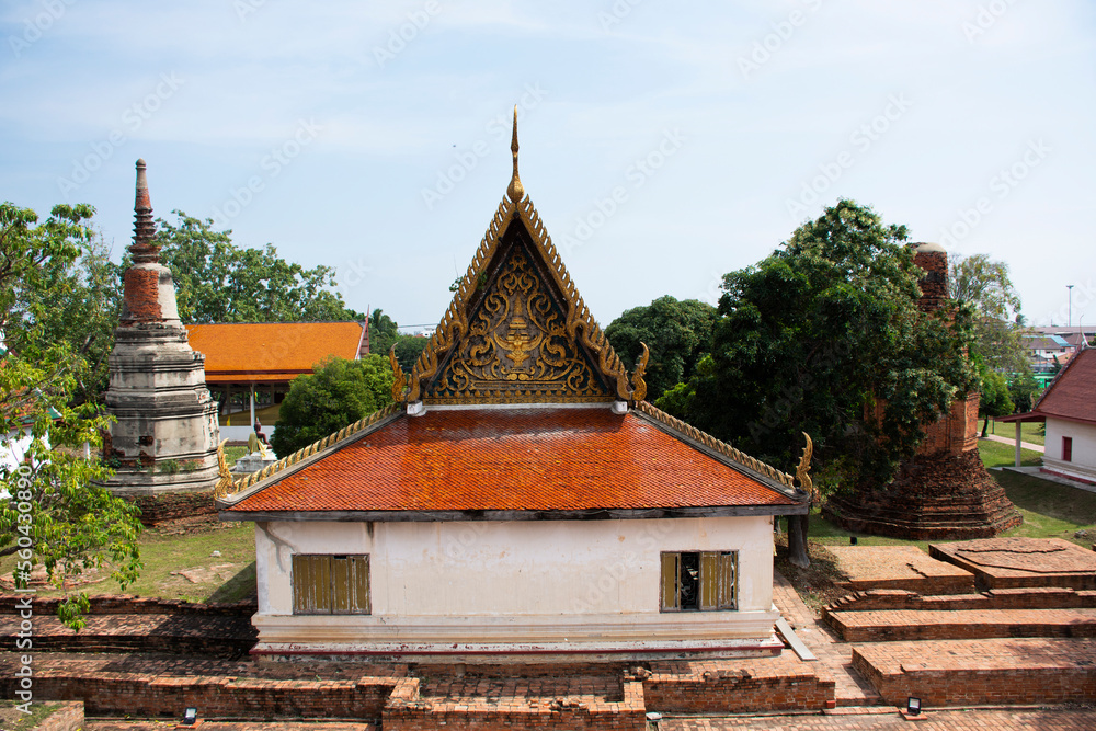 Ancient building ubosot of Wat Phra Si Rattana Mahathat temple for thai people travelers visit and respect praying blessing wish holy mystery worship buddha at Suphanburi city in Suphan Buri, Thailand