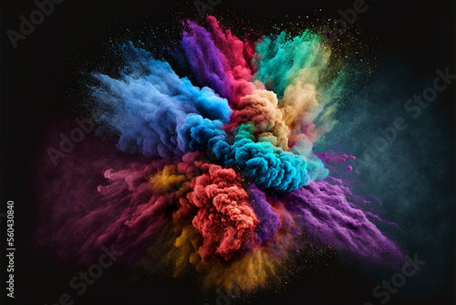 Explosion of cloudy, colorful powder. Freeze motion of color powder exploding, on black background, generative ai.