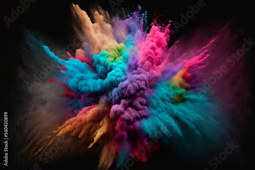 Explosion of cloudy  colorful powder. Freeze motion of color powder exploding  on black background  generative ai.