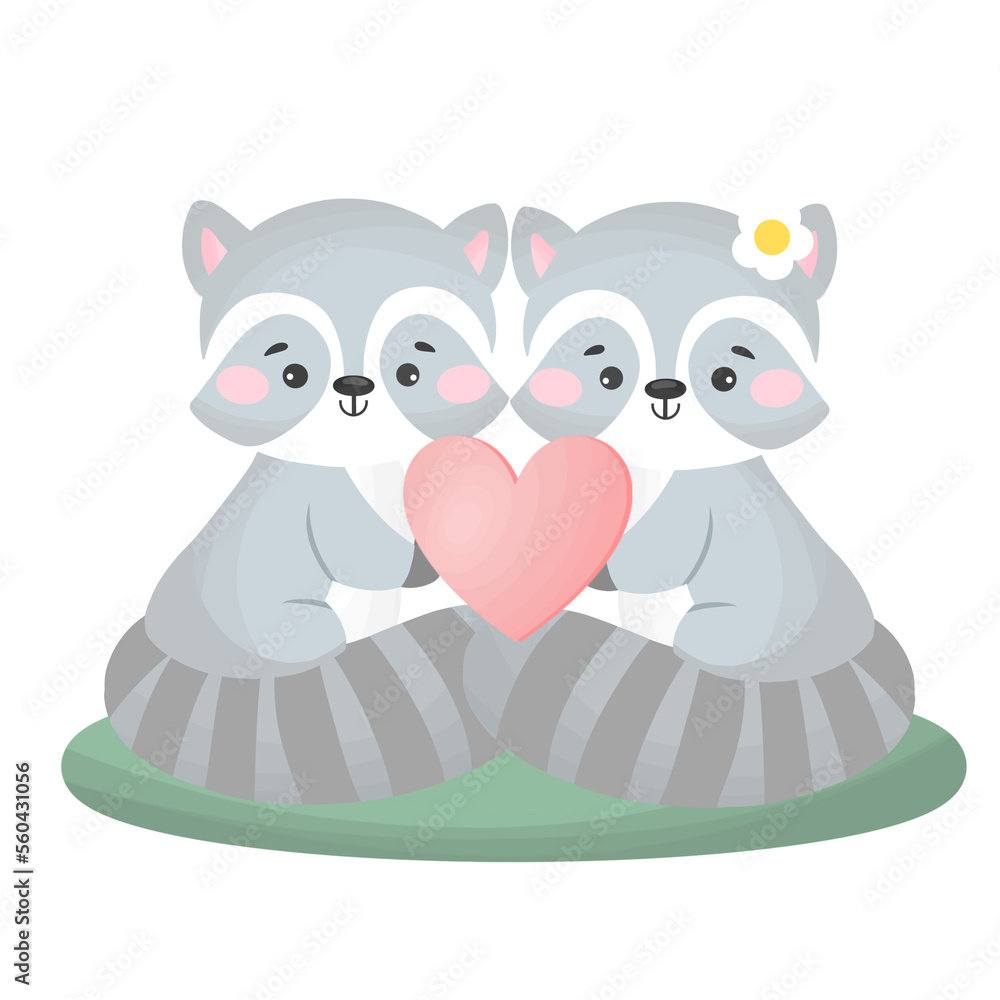 Naklejka premium raccoon in love with heart, couple animals with heart and valentine's day
