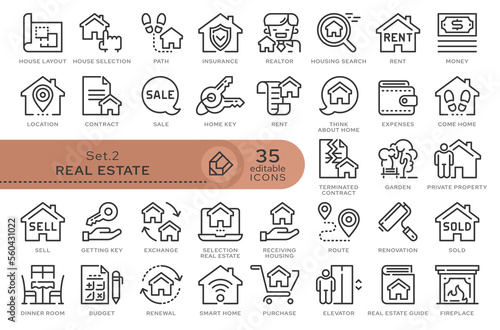Set of conceptual icons. Vector icons in flat linear style for web sites, applications and other graphic resources. Set from the series - Real Estate. Editable outline icon.	