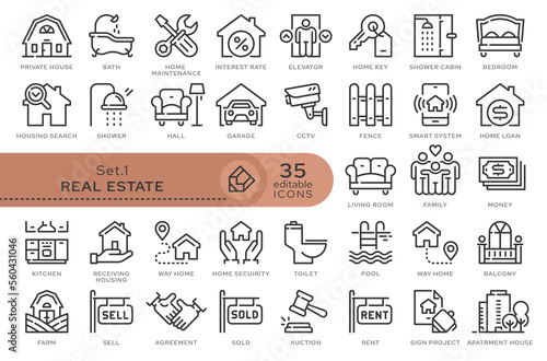 Set of conceptual icons. Vector icons in flat linear style for web sites, applications and other graphic resources. Set from the series - Real Estate. Editable outline icon.	
