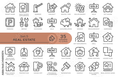 Set of conceptual icons. Vector icons in flat linear style for web sites, applications and other graphic resources. Set from the series - Real Estate. Editable outline icon.	