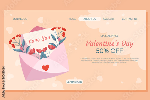 Valentine's Day Landing page template design. Pink open envelop, letter words Love You red flowers green leaves beige backdrop. Special Price offer concept online shopping decorative clouds hearts.