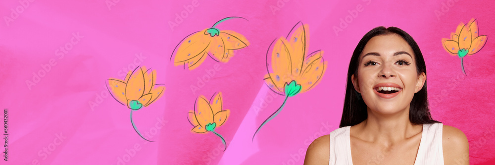 Creative colorful design. Modern art collage. Young smiling girl feeling happy, posing over pink background with flowers. Banner, flyer Creative colorful design. Modern art collage. Young smiling girl feeling happy, posing over pink background with flowers. Banner, flyer