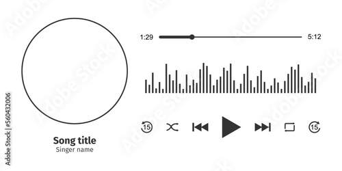 Audio player interface horizontal design with round song photo frame, different buttons, loading progress bar with timer and sound wave. Vector graphic illustration isolated on white background