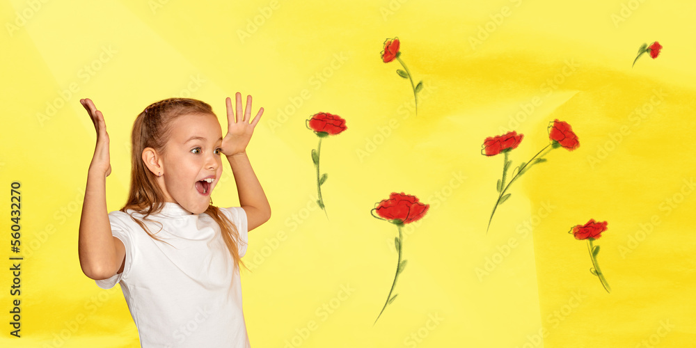 Creative colorful design. Modern art collage. Emotive, happy, little girl, child over bright yellow background with flowers. Banner, flyer