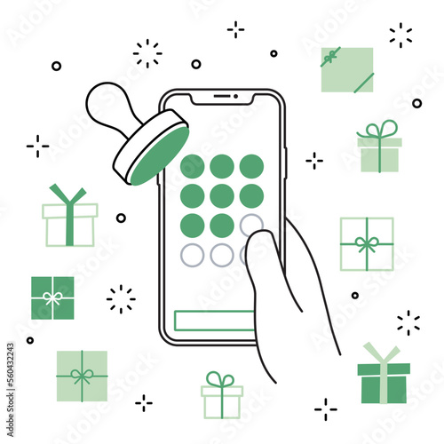 手に持ったスマートフォンのアプリ スタンプカード プレゼントのアイコンセット