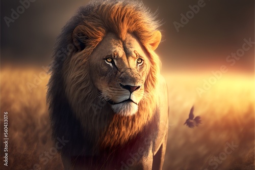 dramatic portrait of a lion at sunset