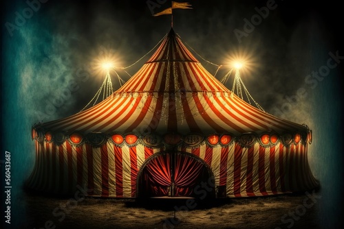 red white circus tent in the dark with lights