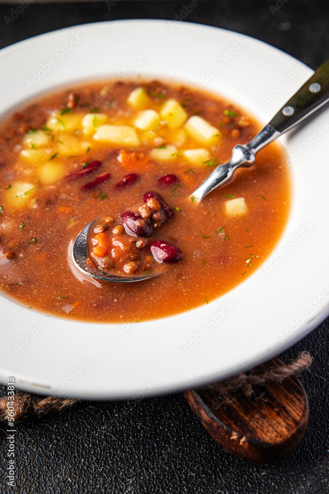 vegetables soup lentils, beans, vegetables, no meat fresh healthy meal food snack on the table copy space food background rustic top view keto or paleo diet vegetables soup lentils, beans, vegetables, no meat fresh healthy meal food snack on the table copy space food background rustic top view keto or paleo diet