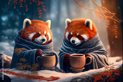 Fotografia Two red pandas wrapped up in a cozy blanket, telling each other stories while drinking tea in the winter forest