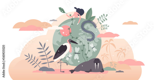 Biodiversity illustration, transparent background. Various wildlife flat tiny person concept. Mammals, birds, fishes and fauna life endangered conservation and retention.