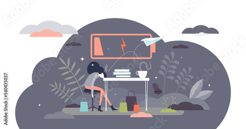 Burnout female illustration, transparent background. Low energy workplace flat tiny persons concept. Exhausted and tired labor visualization with fatigue anxiety symptoms.