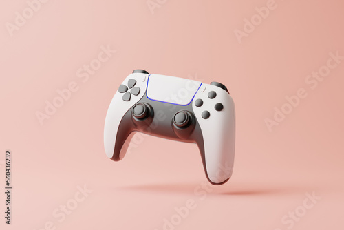 Flying gamepad on a pink background with copy space. Joystick for video game. Game controller. Creative Minimal Gaming concept. Front view. 3D rendering illustration photo