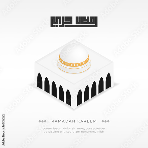 Minimal ramadan greeting illustration with isometric mosque and ramadan kareem text in kufic callygraphy