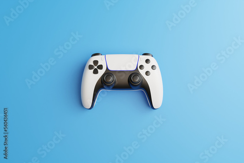 Gamepad on a blue background with copy space. Joystick for video game. Game controller. Creative Minimal Gaming concept. Top view. 3D rendering illustration