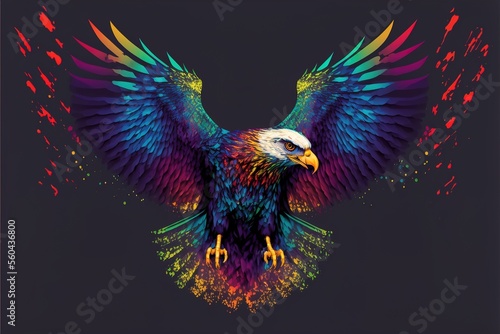 Colorful, abstract, neon, artistic portrait of a soaring bald eagle in pop art style. Digital graphics. AI © DZMITRY